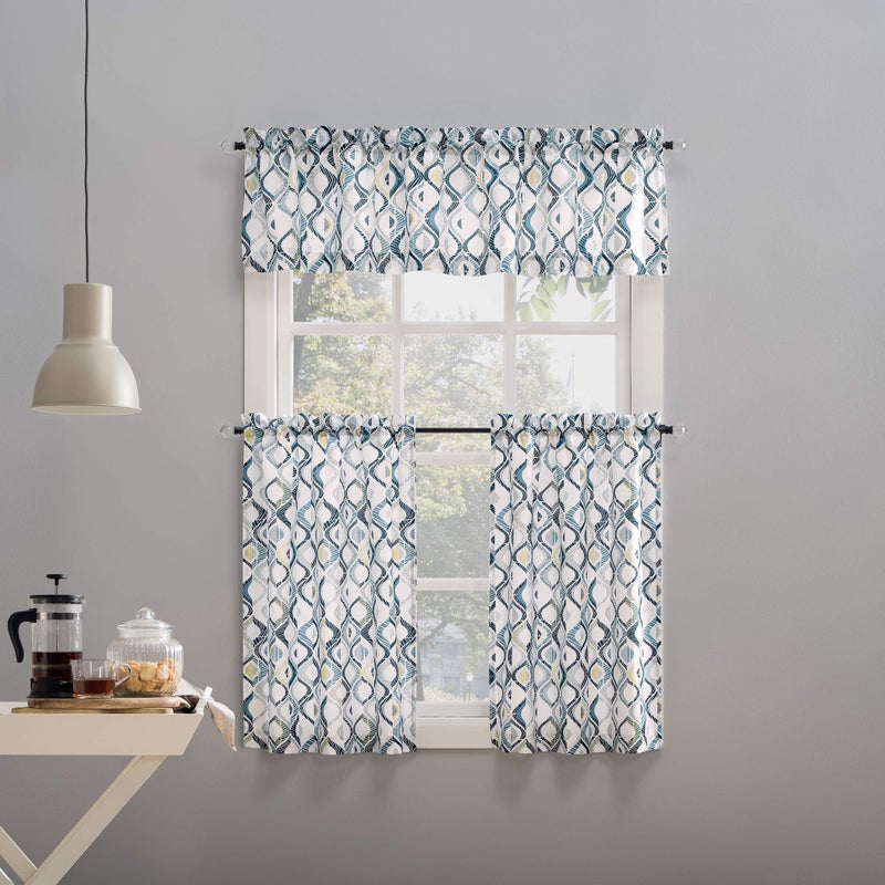 No. 918 Barker Geometric Semi-Sheer Rod Pocket Kitchen Curtain Valance and Tiers Set, 54" x 24", White - Image 4